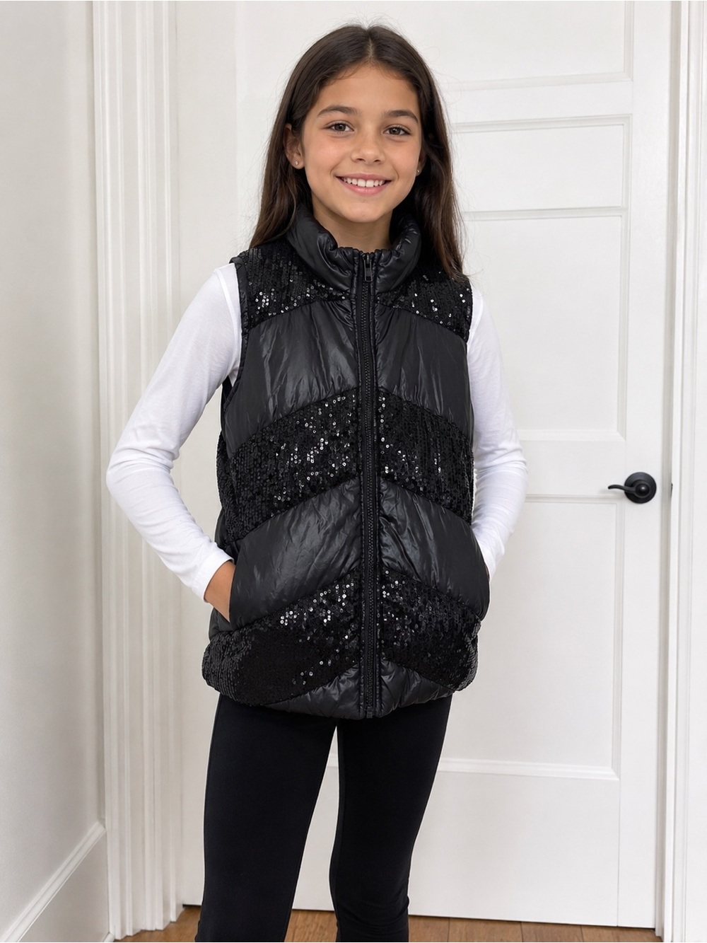 Faded Glory Girls Black Sequin Puffer Vest Size 10/12